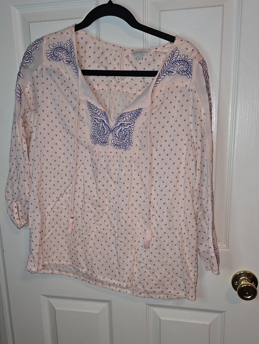 Lucky Brand Blush Pink Tunic with Navy Embroidery